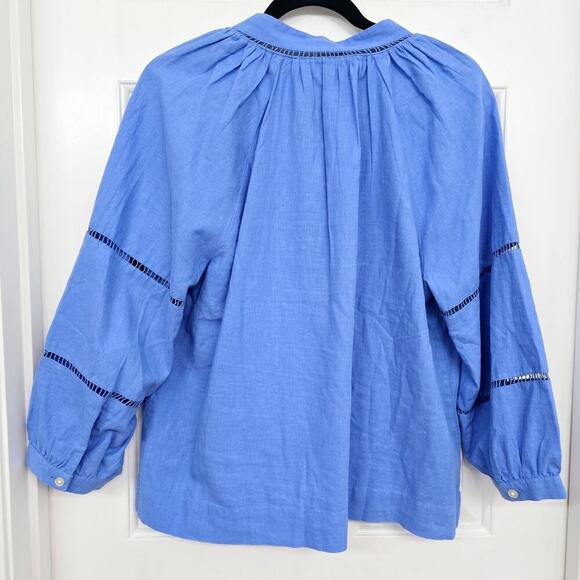 LOFT Women's Boho Linen Blend Top Sz L Blue V-Neck Cutout Lightweight 3/4 Sleeve - Picture 5 of 9